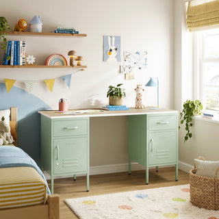 The Double Bromley Children/Teenage Desk with Sage Lockers - Oak Desktop - Urban Lockers