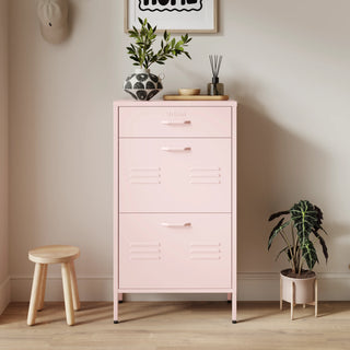The Shoreditch shoe cabinet in pink with a top drawer, two lower shoe compartments and matching handles, styled in a hallway.