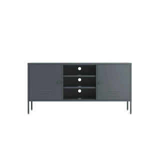 Henley TV stand with two cupboards and open shelving, styled beneath a TV in a living room