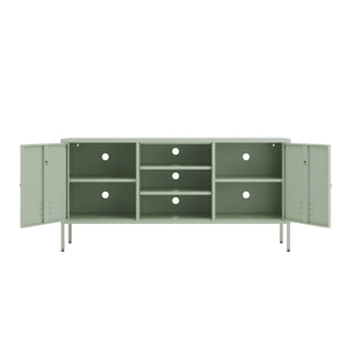 The Henley metal TV stand and media unit in sage with two cupboards and open central shelving.
