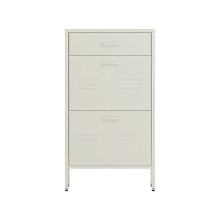 The Shoreditch shoe cabinet in Vanilla with a top drawer, two lower shoe compartments and matching handles, styled in a hallway.
