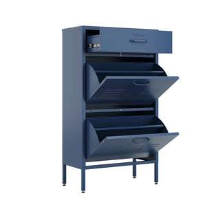 The Shoreditch shoe cabinet in navy blue with a top drawer, two lower shoe compartments and matching handles, styled in a hallway.