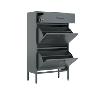 The Shoreditch shoe cabinet in grey with a top drawer, two lower shoe compartments and matching handles, styled in a hallway.